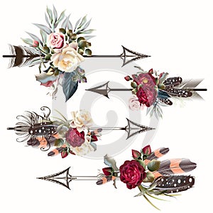 Set of vector boho arrows with roses and feathers photo