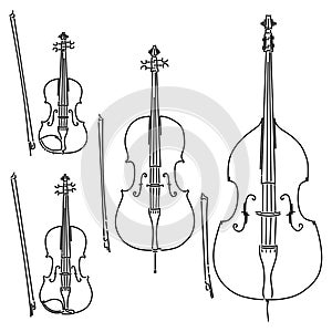 Set of vector bowed stringed musical instruments drawn by lines.