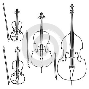 Set of vector bowed stringed musical instruments drawn by lines. photo