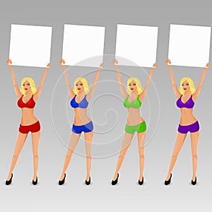 Set of vector boxing ring girls holding a board