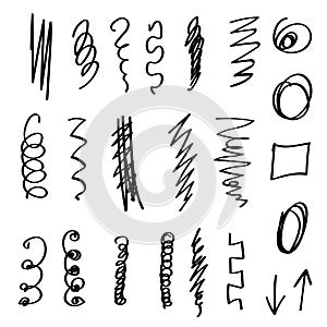 Set of vector brush lines, underlines, circles, signs. Vector illustration for your design