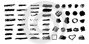Set of vector brush strokes. Ink splatter. Grunge black artistic brush stroke design elements isolated on white background.