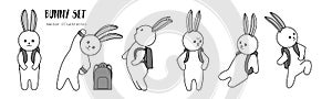 Set of vector bunnies. Hand drawn cartoon bunny with backpack in school. Cute scketch character design. Rabbit schoolboy in funny