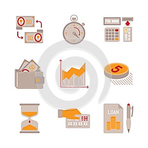 Set of vector business or finance icons and concepts in flat style