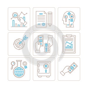 Set of vector business or finance icons and concepts in mono thin line style