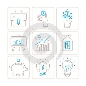 Set of vector business or finance icons and concepts in mono thin line style