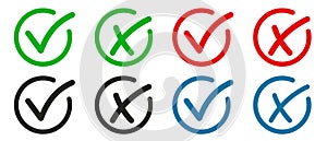 Set of vector buttons with checkmark and cross icon.