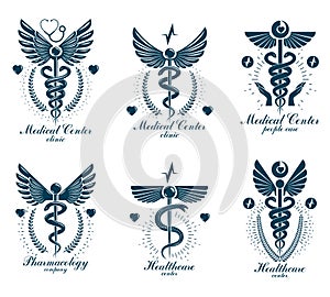 Set of vector Caduceus logotypes can be used in cardiology.