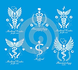 Set of vector Caduceus logotypes can be used in cardiology.