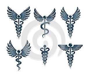 Set of vector Caduceus symbols created using bird wings and snakes.