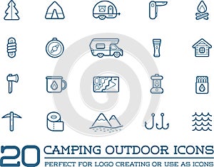 Set of Vector Camping Camp Elements and Outdoor Activity Icons Illustration can be used as Logo