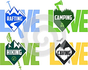 set of vector camping, hiking, caving and rafting emblems labels photo