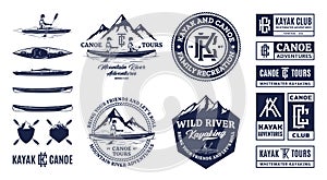 Set of vector canoeing and kayaking logo, badges and design elements