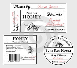 Set of vector card templates with honey bee - lid, front and back labels