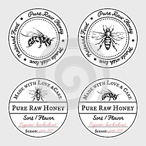 Set of vector card templates with honey bee - round lid labels or badges