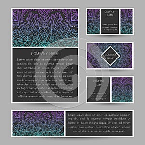 Set of vector cards with abstract mandala ornament. Invitation c