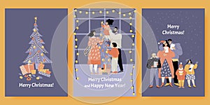 Set of vector cards for Christmas and New Year with cute families decorating the tree and singing hymns