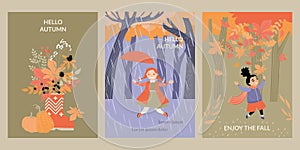 Set of vector cards with happy children having fun on the background of the autumn forest and a bouquet of red and orange leaves.