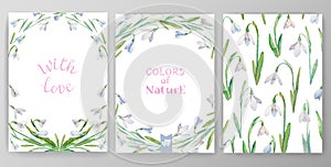Set of vector cards with watercolor snowdrops. Frames and backgrounds on a spring theme for your design