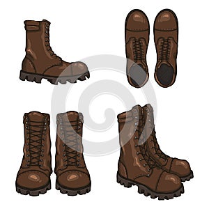 Set of Vector Cartoon Army Boots. High Military Shoes.