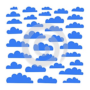 Set of vector cartoon blue clouds on white background. Set of hand drawn cartoon sky