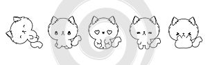 Set of Vector Cartoon Cat Coloring Page. Collection of Kawaii Isolated Ragamuffin Cat Outline for Stickers, Baby Shower