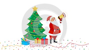 Set of vector cartoon christmas design elements with cute Santa Claus holding megaphone, tree, gift boxes, confetti Happy New year