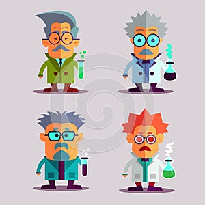 Set of vector cartoon crazy scientists. Doctor with test tubes and poison