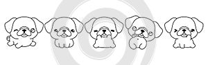 Set of Vector Cartoon Dog Coloring Page. Collection of Kawaii Isolated Pug Puppy Outline for Stickers, Baby Shower