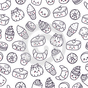 Set of vector cartoon doodle icons dessert, cake, ice cream, sweets food. Illustration of comic baking. Seamless texture