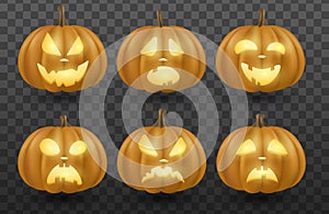 Set of vector cartoon emotional 3D pumpkins with glowing eyes isolated on a dark transparent background for the holiday Halloween