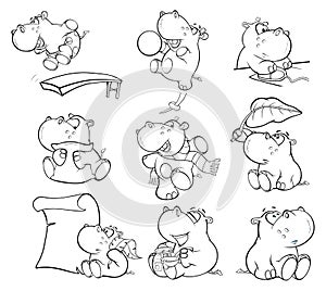 Set of Vector Cartoon Illustration. Cute Hippo for you Design. Coloring Book