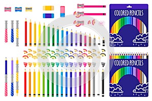 Set of vector cartoon illustrations with colored pencils, pencil sharpener and eraser on white background