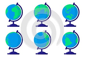 Set of vector cartoon illustrations with desktop school Earth globe from different sides on white background