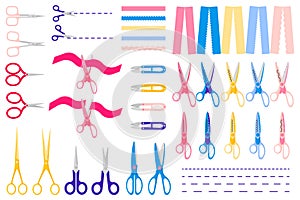 Set of vector cartoon illustrations with different types of scissors, cut lines, cut ribbons, paper on white background