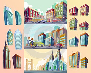 Set vector cartoon illustrations of an old buildings, urban large modern buildings, cars and urban residents.