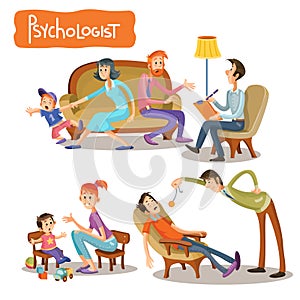A set of vector cartoon illustrations the patient is talking with a psychotherapist