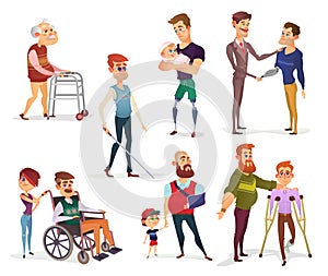Set of vector cartoon illustrations of people with disabilities isolated on white.