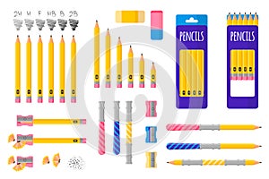 Set of vector cartoon illustrations with simple pencils, pencil sharpener and eraser on white background