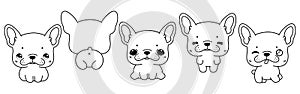 Set of Vector Cartoon Pet Coloring Page. Collection of Kawaii Isolated French Bulldog Dog Outline for Stickers, Baby