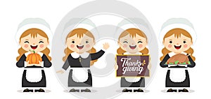 Set of vector cartoon pilgrim girl