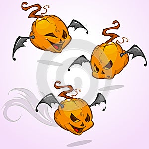 Set of vector cartoon pumpkin heads expressions with bat wings. Vector Halloween illustration