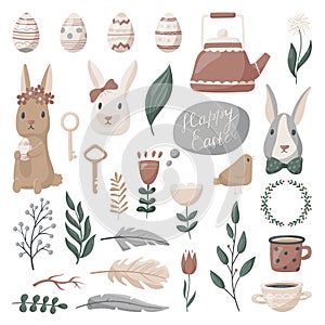 Set of vector cartoon seamless flat icons on Easter theme. Cute characters and design elements. Easter eggs, rabbits