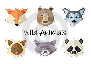 Set of vector cartoon stickers of animal faces in colored circles