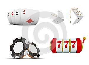 The set of vector casino elements or icons including playing cards, chips, dice and slot machine with lucky sevens