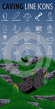 Set of vector caving speleo travel thin line icons with cave and bats