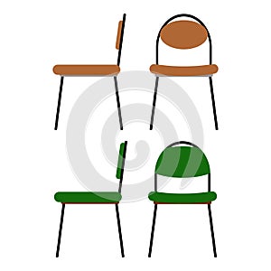 Set of vector chairs for office work side and front view with brown and green colors. Cartoon flat illustration