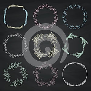 Set of Vector Chalk Drawing Floral Borders, Frames