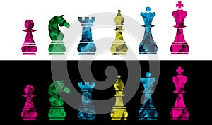 Set of vector chess icons. Isolated on black and white background. Colored chess pieces vector illustration.