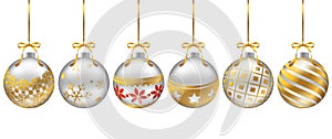 Set of vector Christmas decorations with different patterns on metallic shiny Christmas balls